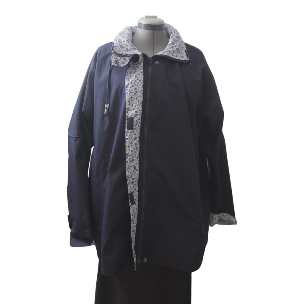Blair 2XL Navy Rain Jacket Hidden Hood Floral Trim